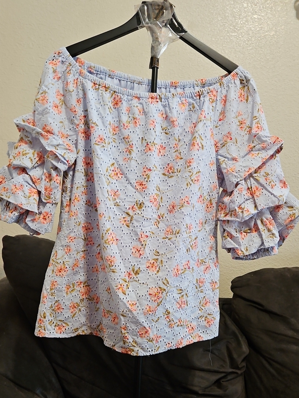 Light Blue Floral Off-Shoulder Ruffled Sleeve Top